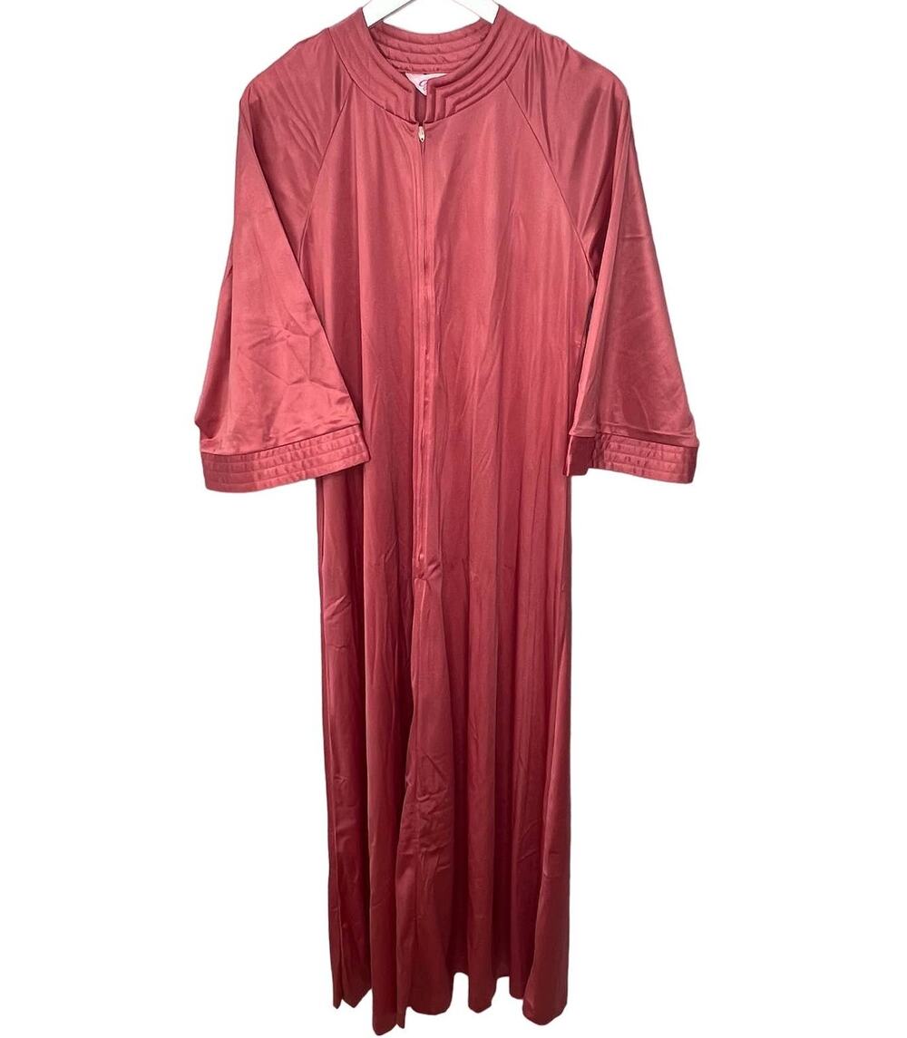 Vintage 70s Gilead Mauve Pink Maxi Gown 1/2 Zip Size S Satin House Dress 55"